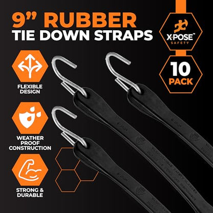 Rubber Bungee Cords with Hooks 10 Pack 9 Inch (14” Max Stretch) Heavy-Duty Black Tie Down Straps for Outdoor, Tarp Covers, Canvas Canopies, Motorcycle, and Cargo - by Xpose Safety - size: 9"