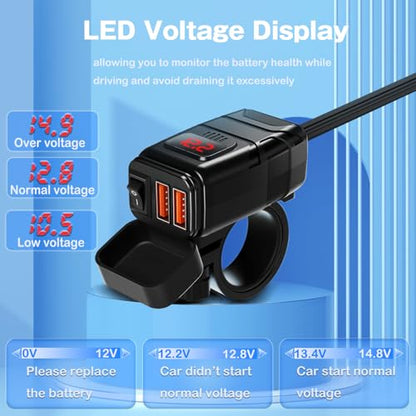 Motorcycle Phone Charger,Dual USB 6.8A Quick Charge 3.0 Motorcycle Handlebar Charger with Voltmeter & ON/Off Switch, Waterproof SAE to USB Adapter for Phone, Tablet, GPS (Red) - color: Red