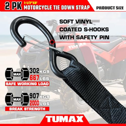 Tie Down Strap Cambuckle Strap - 2000lbs Break Strength, 1.5 in x 8ft Cargo Straps with Safety S-Hooks, Heavy Duty Cam Buckle Strap for Moving Lawn Equipment, Cargo Appliances, Motorcycle, 2PK - color: Black