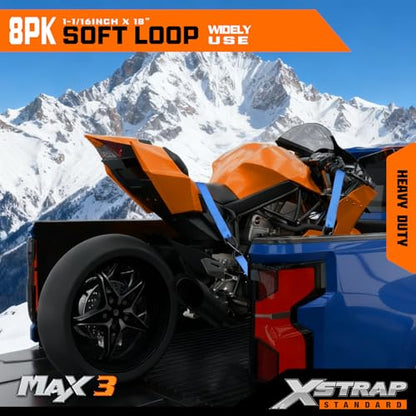 XSTRAP STANDARD Soft Loop Tie-Down Straps - 8PK 1-1/16 x 18 inches - 3600LB Breaking Strength, Loops for Securing Trailering of Bikes, ATV, UTV, Motorcycles, Scooters, Dirt Bikes, Lawn Equipment, Blue - color: Blue