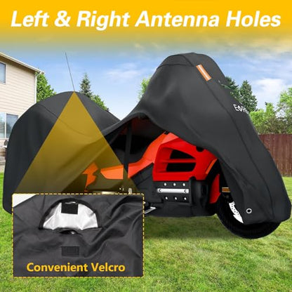 EVRBUL Trike Motorcycle Cover Waterproof 3-Wheel Vehicles Cover with Reflective Strips and Windproof Buckle Compatible with Harley Davidson CVO Tri Glide, Honda Gold Wing Trike 108× 59× 59 in - size: 108’’-Trike