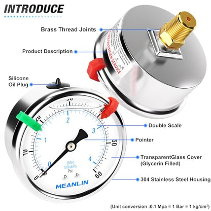 MEANLIN MEASURE 0~60Psi Liquid Filled Pressure Gauge 1/4" NPT 2.5" FACE DIAL Stainless Steel Glycerin Filled WOG Water Oil Air Back Mount (with 2PCS Snaps) - size: 0-60Psi