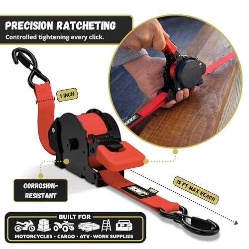 JACO Retractable Ratchet Straps - 1 in x 15 ft (2-Pack) (1,760lbs Break Strength) | Auto Self Retracting Cargo Tie Down Strap Set (Red) - color: Red, size: 2-Pack
