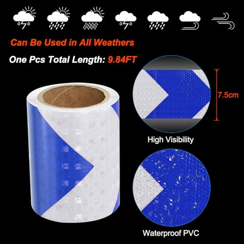 Reflective Tape, 1 Roll 3 Inch x 10 Ft Waterproof Self Adhesive High Visibility Caution Warning Safety Tape Reflector for Trucks Trailers Cars, Arrow Blue White