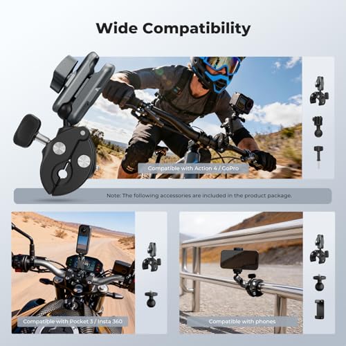 K&F CONCEPT Super Clamp Camera Mount with 360° Dual Ball Head, Bike/Motorcycle Handlebar Mount Compatible with DJI Action 6/5/4/3, Hero 13/12/11/10, 360 X5 X4 - style: Super Clamp with Phone Holder