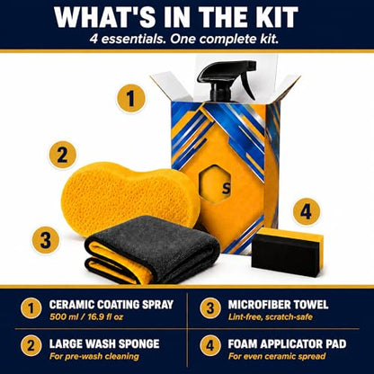Premium Ceramic Coating Car Care Kit – 16.9 fl oz Hydrophobic Spray, Microfiber Towel, Foam Applicator Pad & Wash Sponge