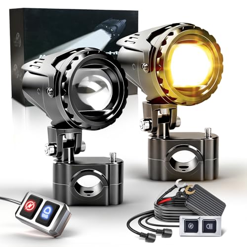 BraveWAY 60W 20000LM Motorcycle Fog Lights, LED Motorcycle Auxiliary Lights, 7 Modes Driving Light with White Amber Strobe Flash Mode, Plug and Play with Wiring Harness Kit and 2 Mounting Brackets - color: Moto-T5-1 LENS
