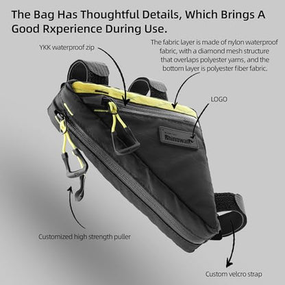 Rhinowalk Bike Frame Triangle Bag, Waterproof Compact Storage Bag with YKK Zippers, Multi-Pocket Design, Doesn’t Rub Legs – 0.9L, Black - color: Full Black,0.9L