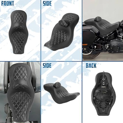 One-Piece Driver Passenger Seat Motorcycle 2-Up Seat with Driver Backrest Cushion Pad Compatible with Harley Softail Sport Glide FLSB Low Rider FXLR FXLRS FXLRST 2018-Later (Black Diamond Stitching) - style: Black Diamond Stitching with Backrest