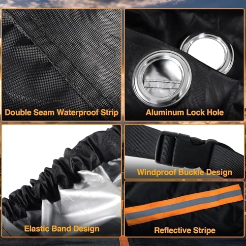 EVRBUL Motorcycle Cover Heavy Duty 420D Outdoor All Seasons Motorbike Sun Cover Protection Compatible with Harley Davidson Road Glide Custom Street Glide Low Rider and up to 98’’ Most Motorcycle - size: 98’’-Side box