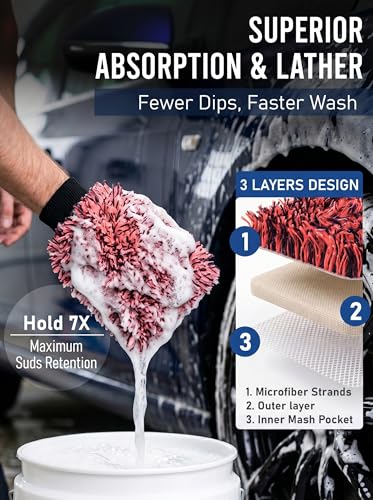 TAKAVU Car Wash Mitt Scratch Free, 2 Pack Microfiber Wash Mitts for Auto Detailing, Soft Lint Free Cleaning Gloves, Holds Sudsy Water, Machine Washable (Red & Black) - color: Red