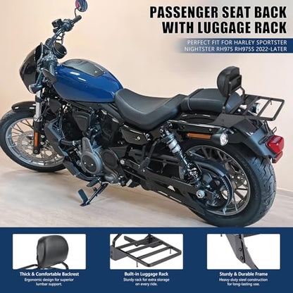 Motorcycle Sissy Bar Backrest with Luggage Rack for Harley Nightster RH975 RH975S 2022-2025, Foldable 3 in 1 Driver Passenger Backrest Pad, Detachable Rear Seat Back Support