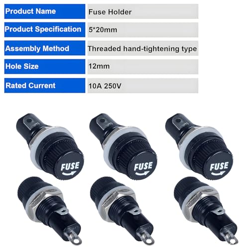 6 Pcs Panel Mounted Fuse Holder 5x20mm 250VAC 10A/125VAC 15A Black Screw Cap Fuse Holder,and 12Pcs(6pcs*10A+6pcs*15A) Fast Blowing Glass Tube fuses - style: wireless-5*20mm
