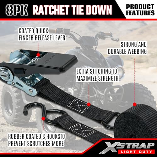 XSTRAP STANDARD 8-Pack Ratchet Tie Down Straps, 1" x 10ft, 900lb Break Strength Heavy Duty Straps for Motorcycles, ATVs, Lawn Equipment, Appliances & Truck Cargo - Black - color: Black