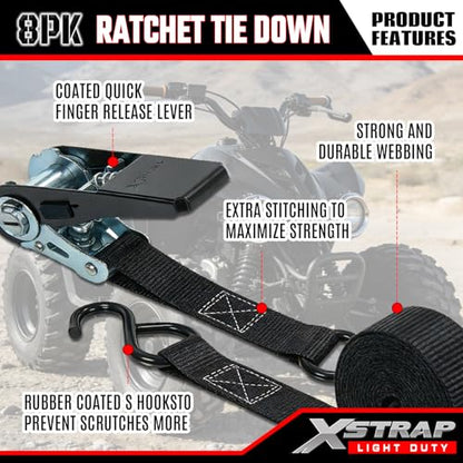 XSTRAP STANDARD 8-Pack Ratchet Tie Down Straps, 1" x 10ft, 900lb Break Strength Heavy Duty Straps for Motorcycles, ATVs, Lawn Equipment, Appliances & Truck Cargo - Black - color: Black