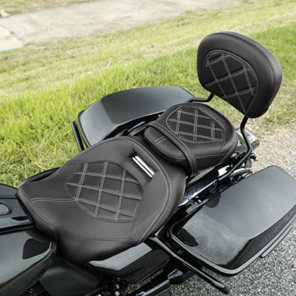 SLMOTO Motorcycle Seat with Sissy Bar Tour Trunk Pad Fit for Harley Davidson Touring Road King Street Glide Road Glide Tri-Glide 2014-2023 Trike 2010-2023 CVO Custom Bikes - color: GEL White