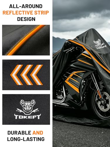 Full Enclosed Motorcycle Cover, 600D Heavy Duty Waterproof Motorcycle Cover with Reflective Strips & Vents, Fits 96" Scooter, Dirtbike, Cruiser & Touring Motorcycles (Black) - size: 96"-XXL