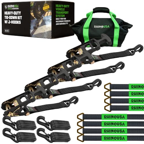 Rhino USA Car Tie Down Straps for Trailers with J Hooks (4-Pack) – 2" x8' (10,000lb Break Strength) – Heavy Duty Car Hauler Tire Straps with Axle Straps for UTV, Powersports & More – Black - color: Black, size: J-Hook