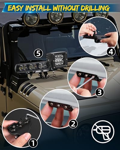 LED Hood Mounts A-Pillar Ditch Light Holder Extension Universal | Universal Steel Cowl Pod Light Mount Extension for Ditch Light Brackets Led Light Bar Mounting Brackets 304 Stainless Steel - color: Mounting Brackets + 2PCS Bracket Extensions