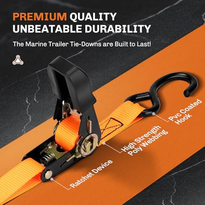 WELLUCK Boat Trailer Transom Tie Down Straps 2400 LBS, 1 Inch x 4 FT Heavy Duty Retractable Ratchet Straps Tie Downs to Trailer Marine Jet Ski Pontoon, with Quick Release Buckle & Anti-Scratch Hooks