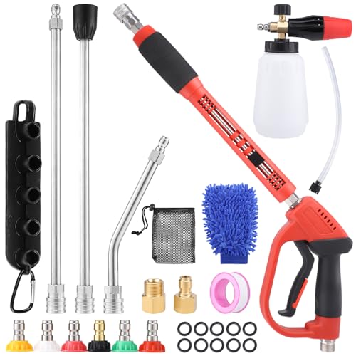 18Pcs Pressure Washer Accessories, Car Wash Foam Cannon, 5000PSI Pressure Washer Gun, M22 14mm or 15mm Fitting, 1/4" Quick Connector, 6Pcs Nozzle Tips for Outdoor Gutters Roof Siding - size: Extension Wands Kit