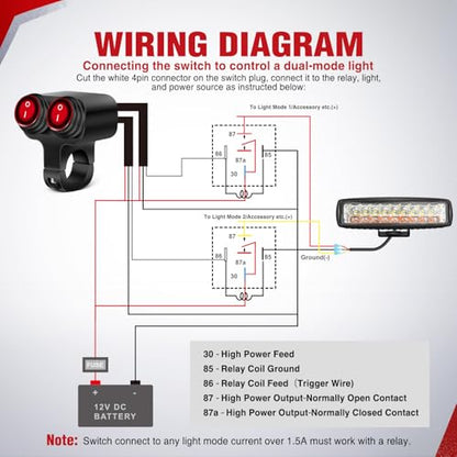 Nilight Motorcycle 7/8" (22mm) Handlebar Switch Plug and Play 12V Waterproof On Off Push Button Dual Control for ATV UTV Driving Light Bar - color: Motorcycle Handlebar Switch-Dual Control 4 Pin