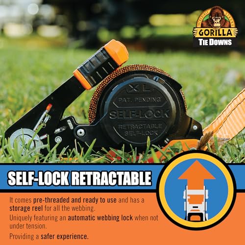 Gorilla Ratchet Tie Down Straps (2Pack) 1in x 16ft 1500lb Break Strength, Self-Locking Retractable, Heavy-Duty Orange Webbing, Gorilla-Grip Handles, Cap Locks, E-Coated Ratchets, Vinyl Hooks for Cargo - style: 1in x 16ft - 1,500lb Break (Pack of 2)