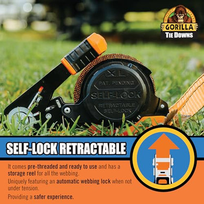 Gorilla Ratchet Tie Down Straps (2Pack) 1in x 16ft 1500lb Break Strength, Self-Locking Retractable, Heavy-Duty Orange Webbing, Gorilla-Grip Handles, Cap Locks, E-Coated Ratchets, Vinyl Hooks for Cargo - style: 1in x 16ft - 1,500lb Break (Pack of 2)