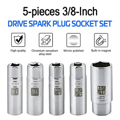 5PCS Magnetic Spark Plug Socket Set Includes 14mm 16mm Thin Wall Socket and 9/16-inch 5/8-inch and 13/16-inch Sockets 3/8-inch Drive Magnet Retains Spark Plugs - size: 5PCS Set