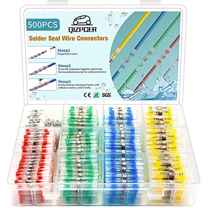 500Pcs Solder Seal Wire Connectors Kit, Heat Shrink Wire Connectors Waterproof Electrical Cable Butt Terminals for Marine Automotive Trailer RV Boat Truck Wiring - style: Assortment Kit