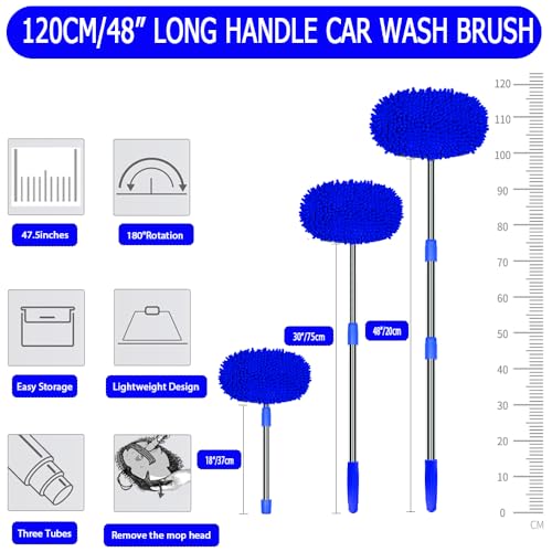 WillingHeart 47.5" Car Wash Brush Mop Cleaning Tool with Long Handle Kit for Washing Detailing Cars Truck, SUV, RV, Trailer, Boat 2 in 1 Chenille Microfiber Sponge Duster Not Hurt Paint Scratch Free - color: Blue
