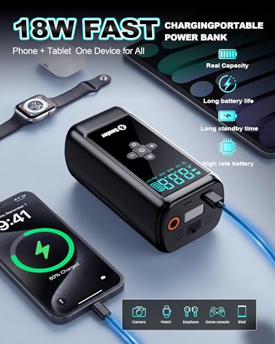 Jump Starter with Air Compressor Battery Jumper Starter Portable 6000A Car Battery Jump Starter with 160PSI Portable Tire Inflator, LED Light, Case (All Gas/14L Diesel)