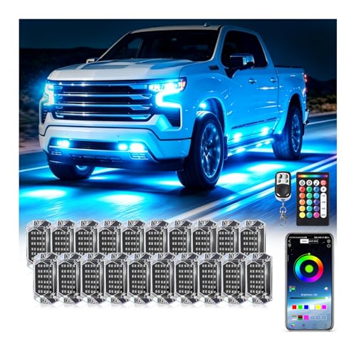 20Pods Full Angle RGB LED Rock Lights Kit for Trucks Pickup Jeep Golf Cart SXS ATV with APP/RF Remote Control, Neon Underbody Accent Light with Brake Multicolor Neon Underbody Lights Waterproof 12V - size: 20 Pods