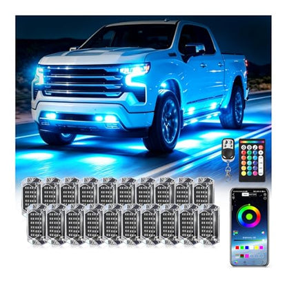 20Pods Full Angle RGB LED Rock Lights Kit for Trucks Pickup Jeep Golf Cart SXS ATV with APP/RF Remote Control, Neon Underbody Accent Light with Brake Multicolor Neon Underbody Lights Waterproof 12V - size: 20 Pods