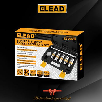 ELEAD 8-Piece 3/8" Drive Spark Plug Socket Set with Universal Joint, Spark Plug Gapper and 6" Extension Bar, SAE & Metric, 5/8", 3/4", 13/16", 14mm, 18mm, CR-V Sockets with Rubber Holding Rings - size: 8-Piece Spark Plug