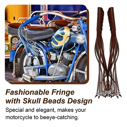 Motorcycle Lever Cover PU Leather Fringed Brake Clutch Covers Universal Grip Tassels Motorcycle Handlebar Covers with Skull Beads - color: Brown