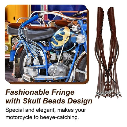 Motorcycle Lever Cover PU Leather Fringed Brake Clutch Covers Universal Grip Tassels Motorcycle Handlebar Covers with Skull Beads - color: Brown