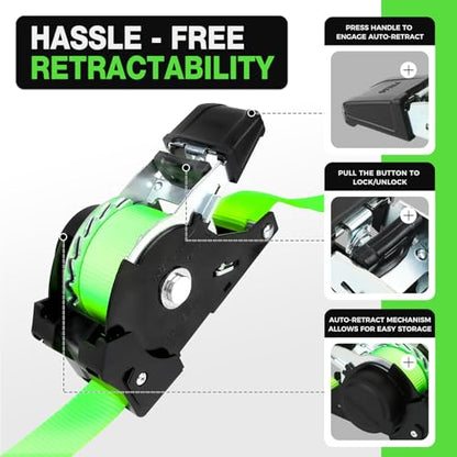 Retractable Ratchet Straps with Soft Loops(4 Pack)-(1,500lb Break Strength) -1 Inch x 12 Feet Heavy Duty Auto Self Retracting Tie Down Strap for Truck, Cargo Trailer, Motorcycle, Rad & More - color: Green Retractable