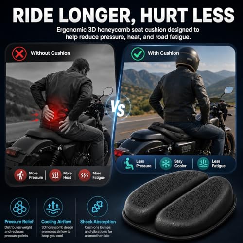 Hexrider Motorcycle Seat Cushion, 3D Honeycomb Gel Motor Seat Pad for Long Rides, Ergonomic Shock Absorption TPE Rider Cushion, Universal Non-Slip Breathable Cruiser Touring Seat Cover