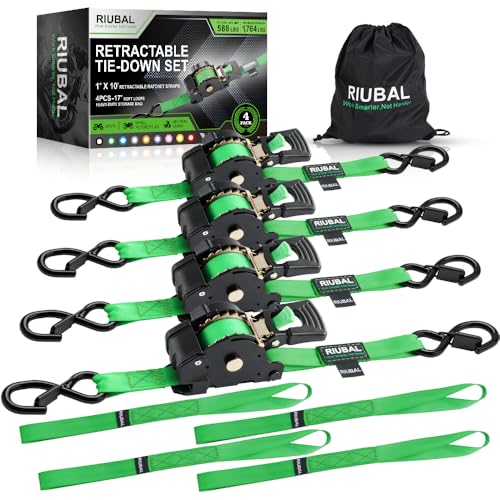 Retractable Ratchet Straps (4-Pack) - 1 Inch x 10 Feet (1,764lb Break Strength) - Auto Self Retracting Tie Down Straps Heavy Duty for Motorcycle, ATV, UTV, Truck, Cargo Trailer – Green - color: Green, size: 10 Feet