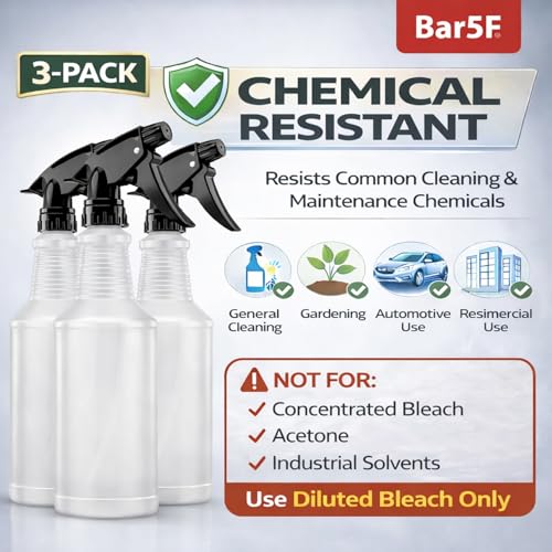 Bar5F Spray Bottles, 24oz, 3 Pack, Chemical-Resistant, BPA-Free, Compatible with Vinegar, Rubbing Alcohol, Cleaning Solutions, Non-Toxic HDPE Bottle for Plants, Pet, BBQ, Auto Detailing, Made in USA