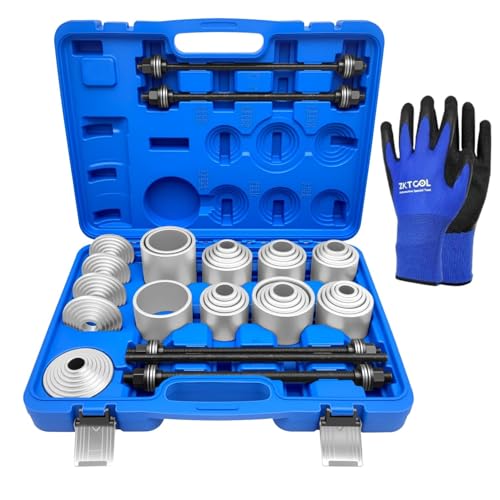ZKTOOL 40Pcs Universal Pull and Press Sleeve Kit, Bushing Press Tool Set for Most Engine Cars Vehicles, Seal Bearing Bushing Removal Installation Tool Kit 5 Pulling Spindles with Nuts Case & Gloves