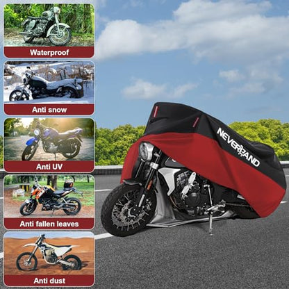NEVERLAND Motorcycle Cover Waterproof Outdoor - 300D Motorcycle Cover Heavy Duty Outdoor All Season Protection, Universal Motorbike Cover with Night Reflective, Lock-Holes, Storage Bag (Up to 96") - size: XL
