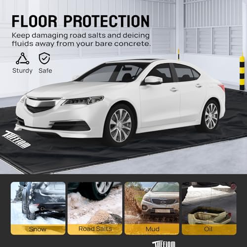 TUFFIOM 7'9" x 18' Containment Mat with Squeegee, Garage Floor Mats for Under Car, Heavy Duty Waterproof Car Parking Mats for Snow Ice Rain Mud Oil - size: 7'9" x 18'