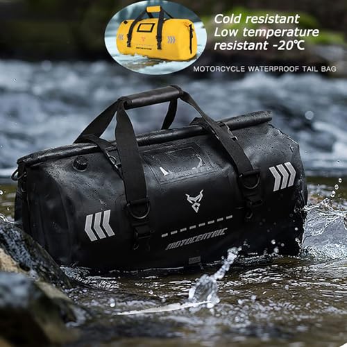 46L Motorcycle Luggage, Waterproof Roll-Top Motorcycle Bag for Long Distance Travel & Camping & Accommodates Musical Instruments, 500D PVC Heavy Duty Dry Bag with Air Valve & Shoulder Straps (Black)
