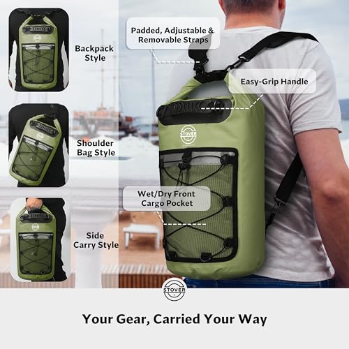 STOVER 5/10/25/30/40/55L Waterproof Dry Bag- Roll-Top Backpack w/Phone Case- Kayaking, Hiking, Camping, Boating- Men/Women - color: 30l Green (With Phone Case), size: 30L