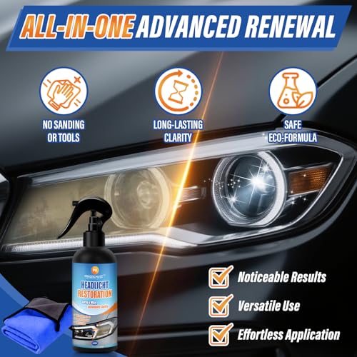 Headlight Restoration Spray with Towel – Removes Cloudiness and Oxidation – Safe for Plastic Lenses – Improve Light Output in Minutes - 180ml/6oz