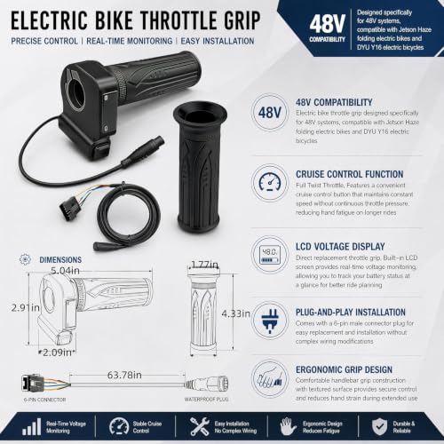 48V Electric Bike Throttle Grip with LCD Voltage Display & Cruise Control | 7/8-inch (22mm) handlebars, 6-Pin Connector, Compatible with Jetson Haze, DYU Y16 & Folding Ebike