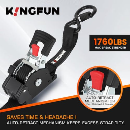 Kingfun Retractable Ratchet Straps (4-Pack) - 1 Inch x 10 Feet Auto Self Retracting Tie Down Straps - 1,760lb Break Strength Heavy Duty Cargo Straps for Motorcycle, ATV, UTV, Trailer & More - Black - color: Black