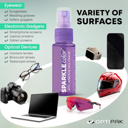 Sparkle Anti-Reflective Safe Lens Cleaner Spray Kit - (2) 1oz Glasses Cleaner Spray & (2) Microfiber Cloth for Eyeglasses, Sunglasses, Lenses, Screens and Camera Cleaning Kit (4 Piece Set) - style: Purple | 2x1oz Lens Spray + 2 Microfiber Cloths